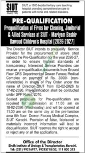 Pre-Qualification of firms for Cleaning, Janitorial - Karachi - SIUT