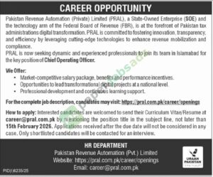 Job Vacancy - Chief Operating Officer - Pakistan Revenue Automation (Private) Limited (PRAL) - Islamabad - Pakistan Revenue Automation (Private) Limited (PRAL)