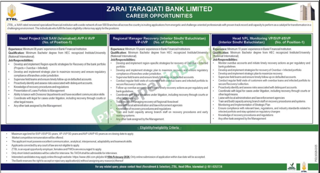 Job Vacancy - Head Project Unit - ZARAI TARAQIATI BANK LIMITED - Islamabad - ZARAI TARAQIATI BANK LIMITED
