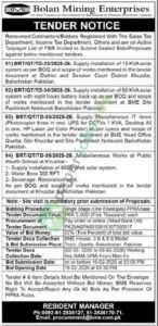 Tender Notice for installation of 15 KVA solar system - Quetta - Bolan Mining Enterprises