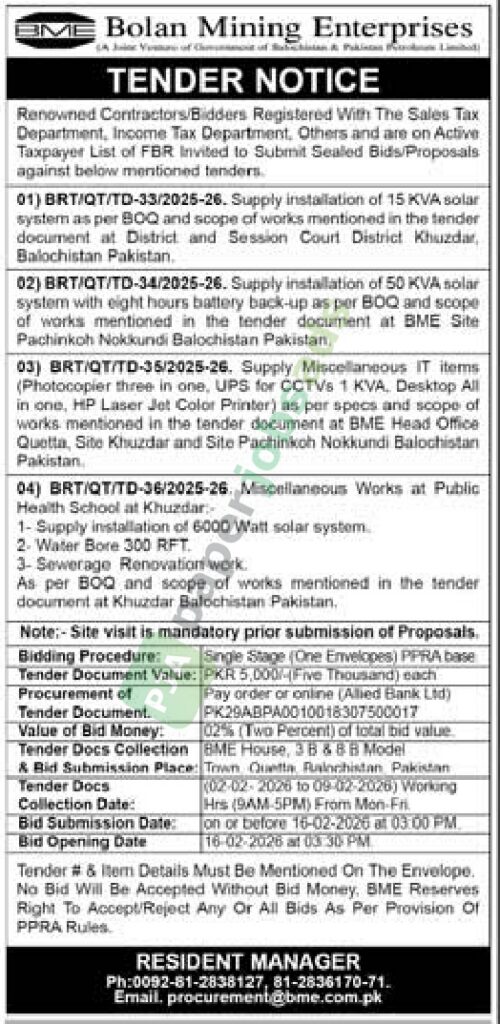 Tender Notice for installation of 15 KVA solar system - Quetta - Bolan Mining Enterprises