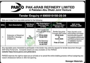 Tender Notice # 6000010150-25-39 - PARCO PAK-ARAB REFINERY LIMITED