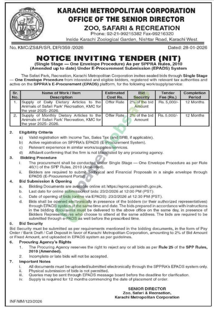 Tender Notice - Supply of Daily Dietary Articles to the Animals of the Safari Park - KMC