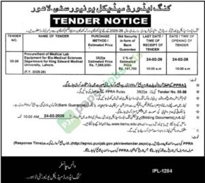 Tender Notice - procurement of medical and laboratory equipment - King Edward Medical University