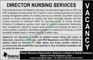 Job Vacancy - Director Nursing Services - Shalamar Institute of Health Sciences