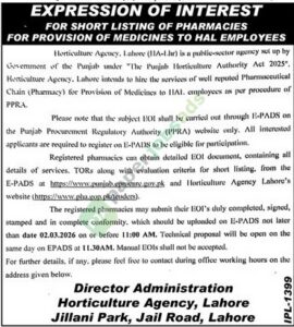 Tender Notice - Short Listing Of Pharmacies For the provision of medicines to HAL Employees - Horticulture Agency