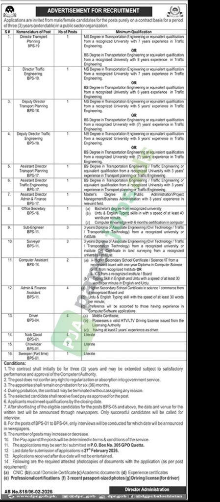 Job Vacancy - Director Transport / Chowkidar / Secretary / Driver - Directorate General Public Relations