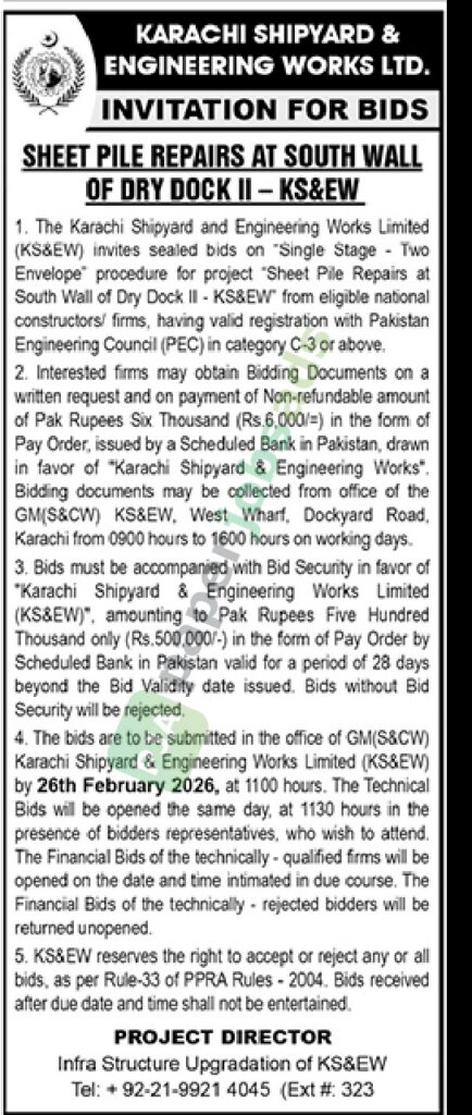 Tender Notice - Sheet Pile Repairs - KARACHI SHIPYARD & ENGG. WORKS LTD.