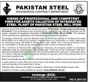 Tender Notice - Assets Valuation - ENGINEERING CONTRACT DEPARTMENT - Pakistan Steel Mills