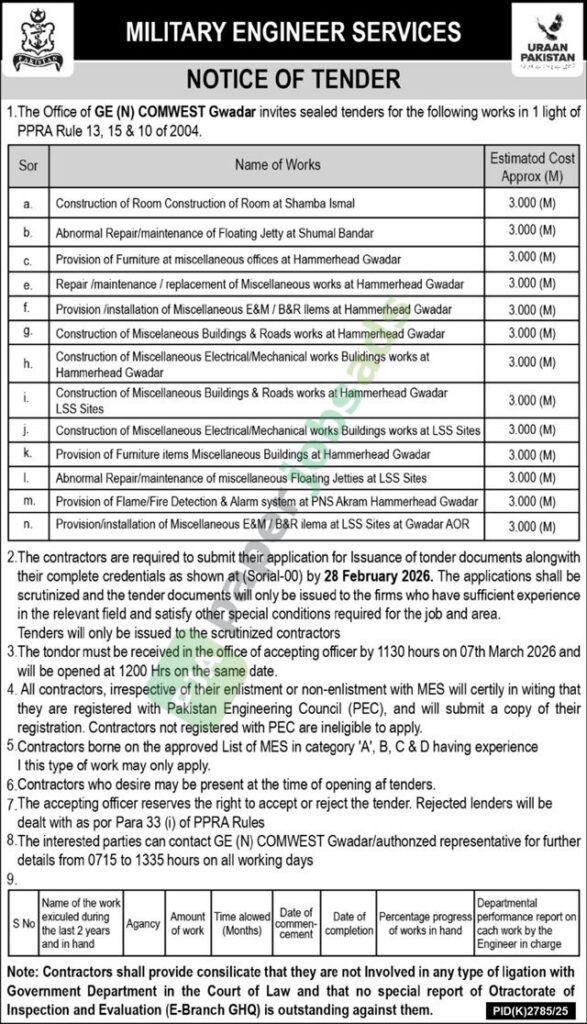 Tender Notice - Misc. Works - MILITARY ENGINEER SERVICES