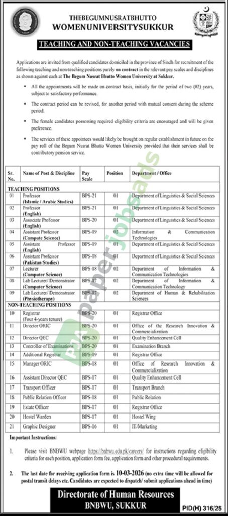 Job Vacancy - Teaching & Non Teaching - Manager / Professor / Lecturer - The Begum Nusrat Bhutto Women's University
