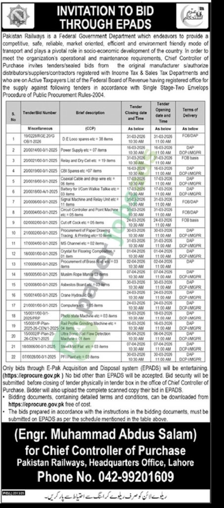 Tender Notice - Supply of Misc. Items - Pakistan Railways - Pakistan Railways