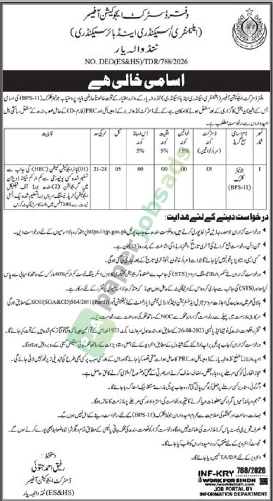 Junior Clerk (BPS-11) - District Education Office