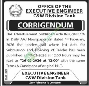 Job Vacancy - Corrigendum - INF(P)481/26 - C&W Division Tank