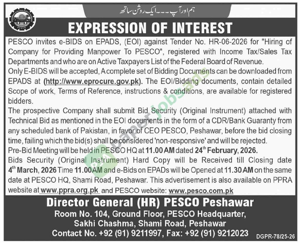 Tender Notice - Hiring of Company for Providing Manpower To PESCO - PSECO