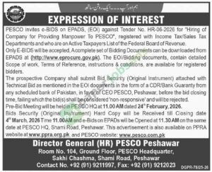 Tender Notice - Hiring of Company for Providing Manpower To PESCO - PSECO