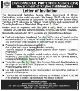 Tender Notice - "Procurement Of Equipment" - Shifting of EPA Laboratory - ENVIRONMENTAL PROTECTION AGENCY (EPA)