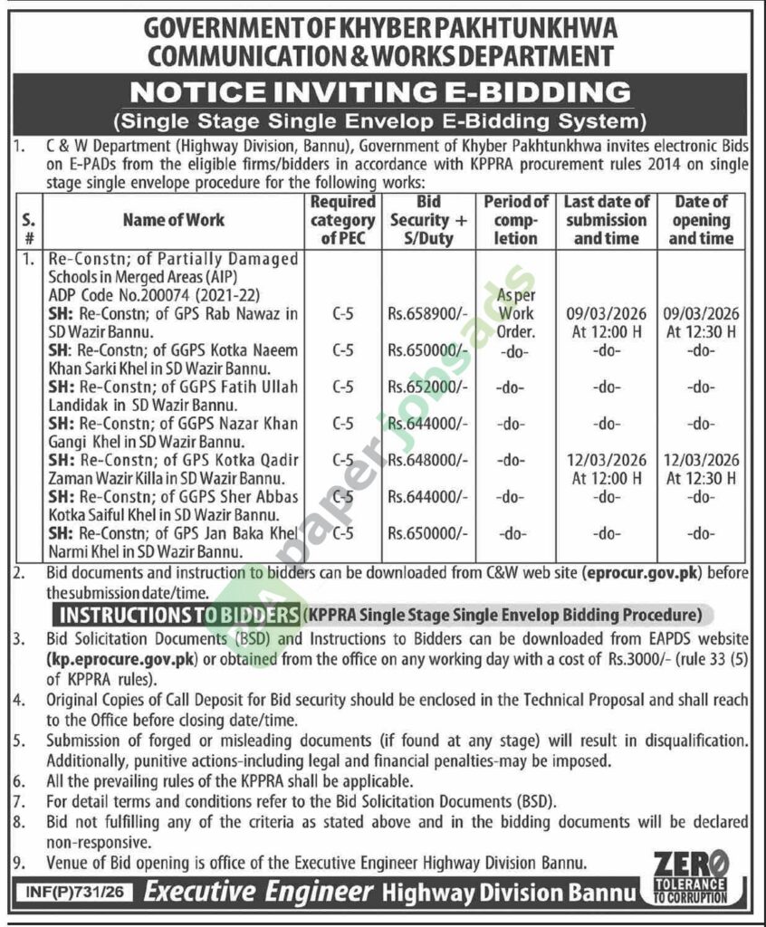 Tender Notice - Misc. Works - GOVERNMENT OF KHYBER PAKHTUNKHWA - Communication & Works Department
