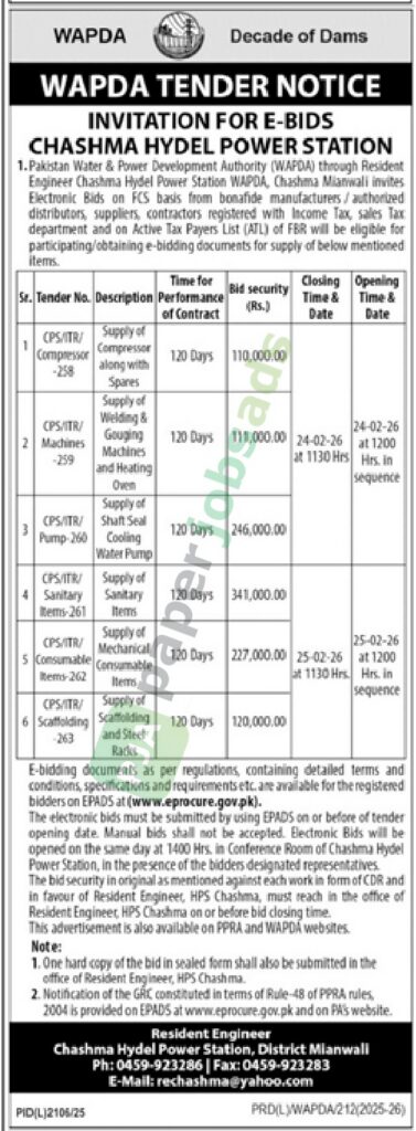 Tender Notice - WAPDA - Mianwali - WAPDA