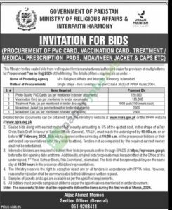 Tender Notice - GOVERNMENT OF PAKISTAN - Islamabad - Ministry of Religious Affairs & Interfaith Harmony