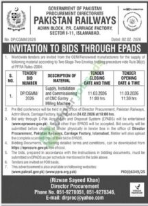 Tender Notice - Supply, Installation, and Commissioning of CNC Gantry Milling Machine - Pakistan Railways