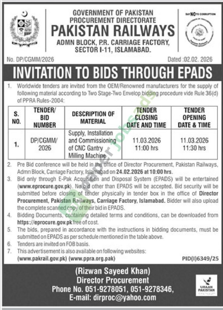 Tender Notice - Supply, Installation, and Commissioning of CNC Gantry Milling Machine - Pakistan Railways