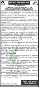 Tender Notice - ESTABLISHMENT OF BANK OF BALOCHISTAN - Finance Department
