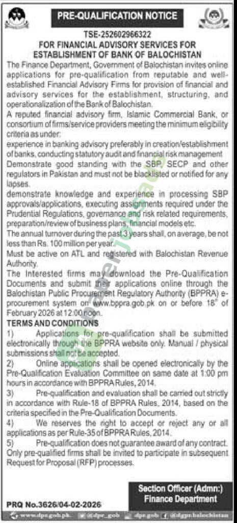 Tender Notice - ESTABLISHMENT OF BANK OF BALOCHISTAN - Finance Department