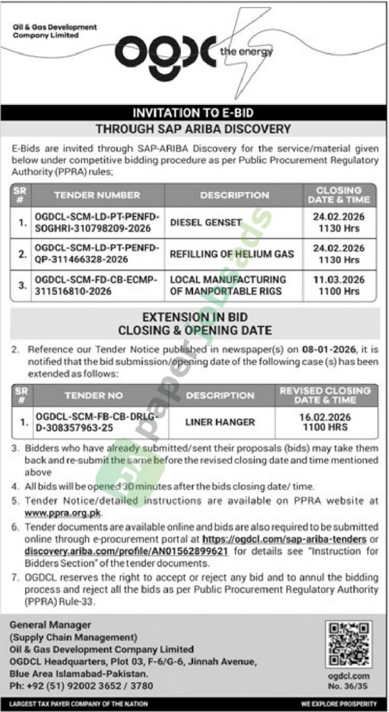 Tender Notice - Diesel Genset / Refilling of Helium Gas - OGDC