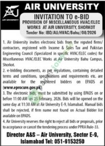 Tender Notice - Provision of Miscellaneous HVAC/Elec Works - AIR UNIVERSITY