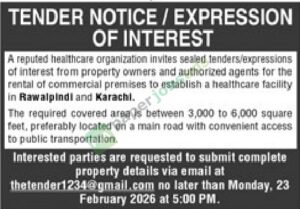 Tender Notice - Rental of Commercial Premises - Reputed healthcare organization