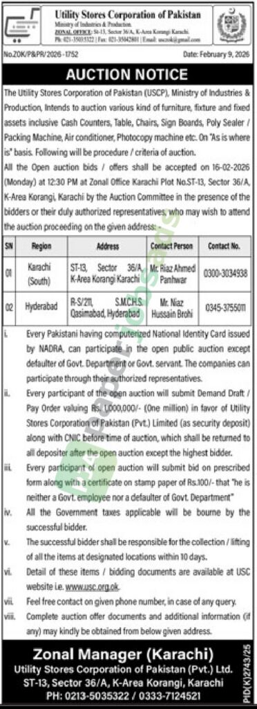 Tender Notice - Auction of Items - Utility Stores Corporation of Pakistan - Utility Stores Corporation of Pakistan