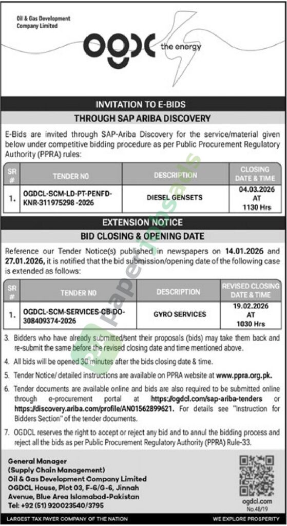 Tender Notice - Diesel Gensets - OGDC