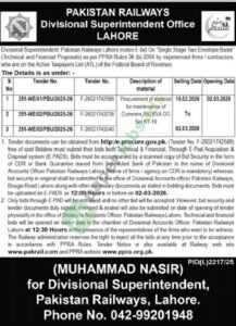 Tender Notice - Procurement of material - PAKISTAN RAILWAYS