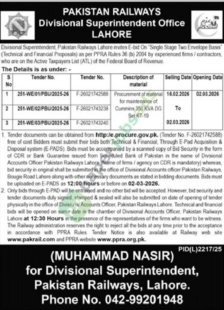 Tender Notice - Procurement of material - PAKISTAN RAILWAYS