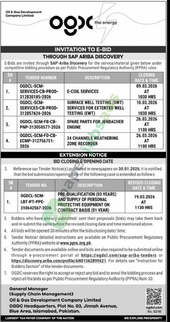 Tender Notice - Service/Material Given - OGDC