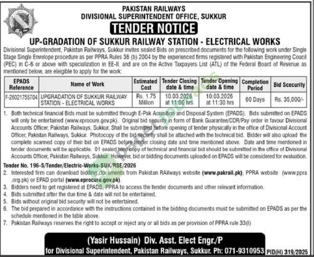 Upgradation of Sukkar Railway Station - Electrical Works - Pakistan Railways