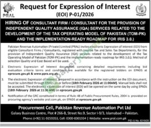 Tender Notice - Pakistan Revenue Automation (Private) Limited (PRAL) - Islamabad - Pakistan Revenue Automation (Private) Limited (PRAL)