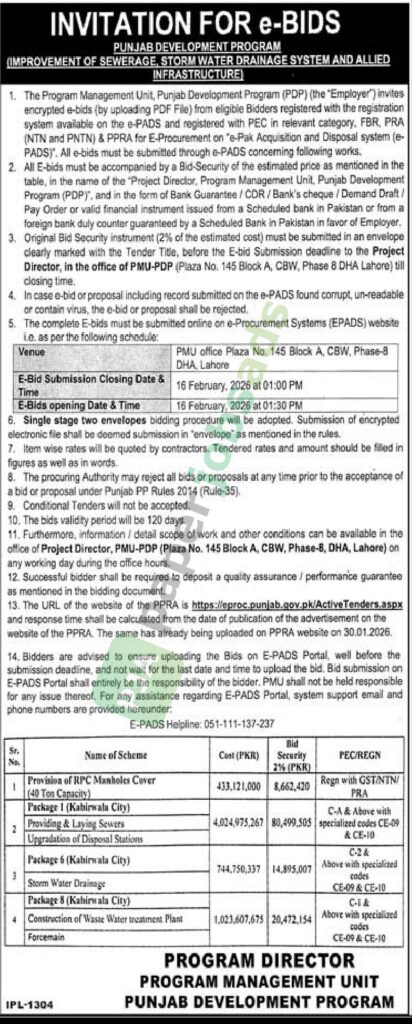 Tender Notice - Improvement of Sewerage - Punjab Development Program
