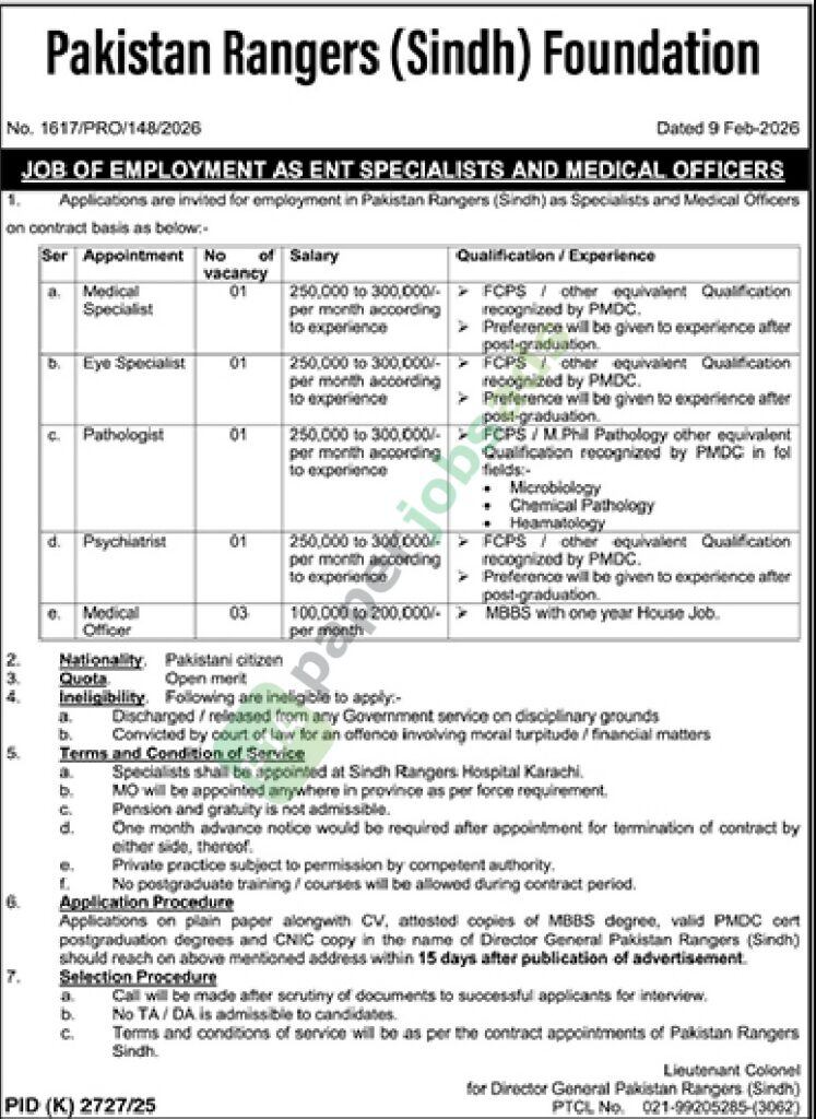 Job Vacancy - Medical Specialist / Eye Specialist / Medical Officer - Pakistan Rangers (Sindh) Foundation