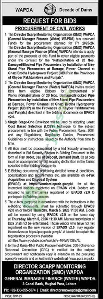 Tender Notice - Procurement of Civil Works - WAPDA