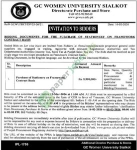 Tender Notice - Stationery On Framework - GC WOMEN UNIVERSITY SIALKOT - GC WOMEN UNIVERSITY