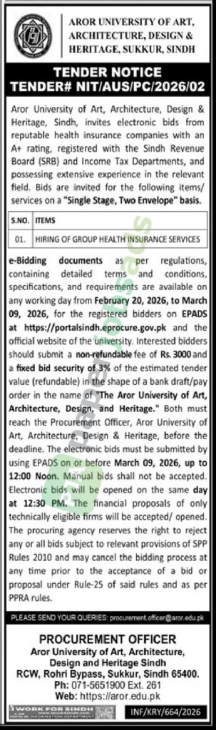 Tender Notice - Hiring of Group Health Insurance Services - Aror University of Art, Architecture, Design and Heritage (AUA2DH)