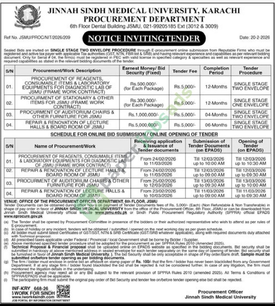 Tender Notice - Procurement of Misc. Items - JINNAH SINDH MEDICAL UNIVERSITY - JINNAH SINDH MEDICAL UNIVERSITY