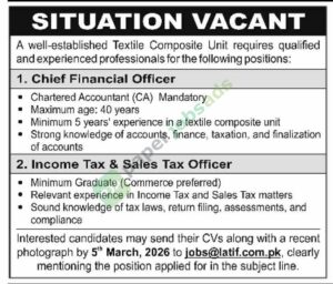 CFO / Income Tax & Sales Tax Officer - Textile Composite Unit