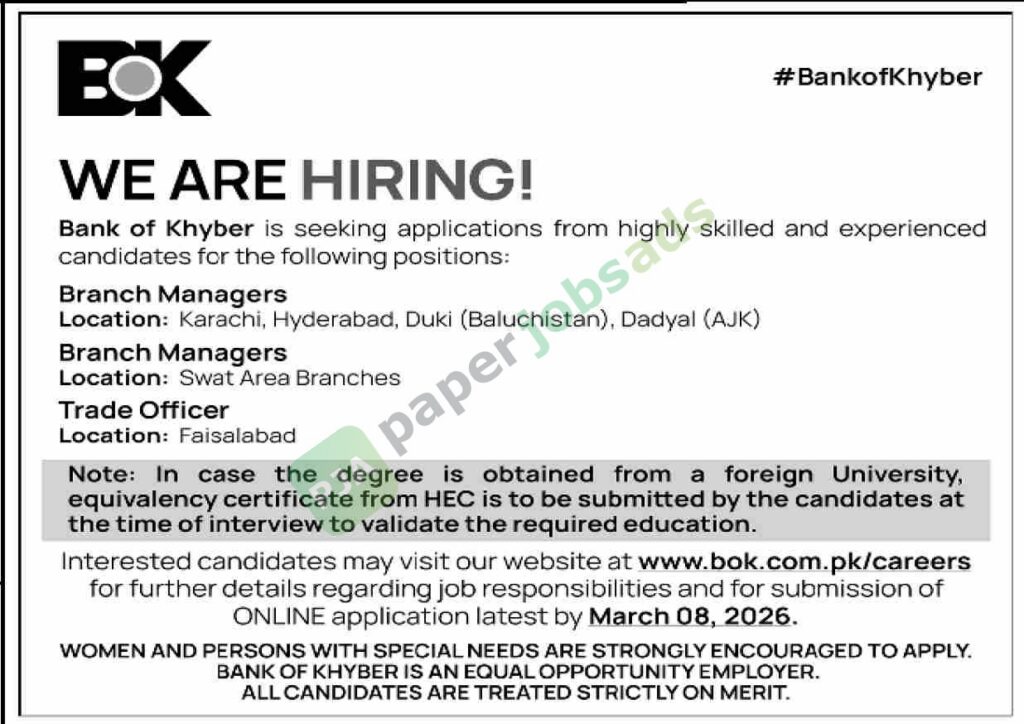Branch Managers / Trade Officer - Bank of Khyber