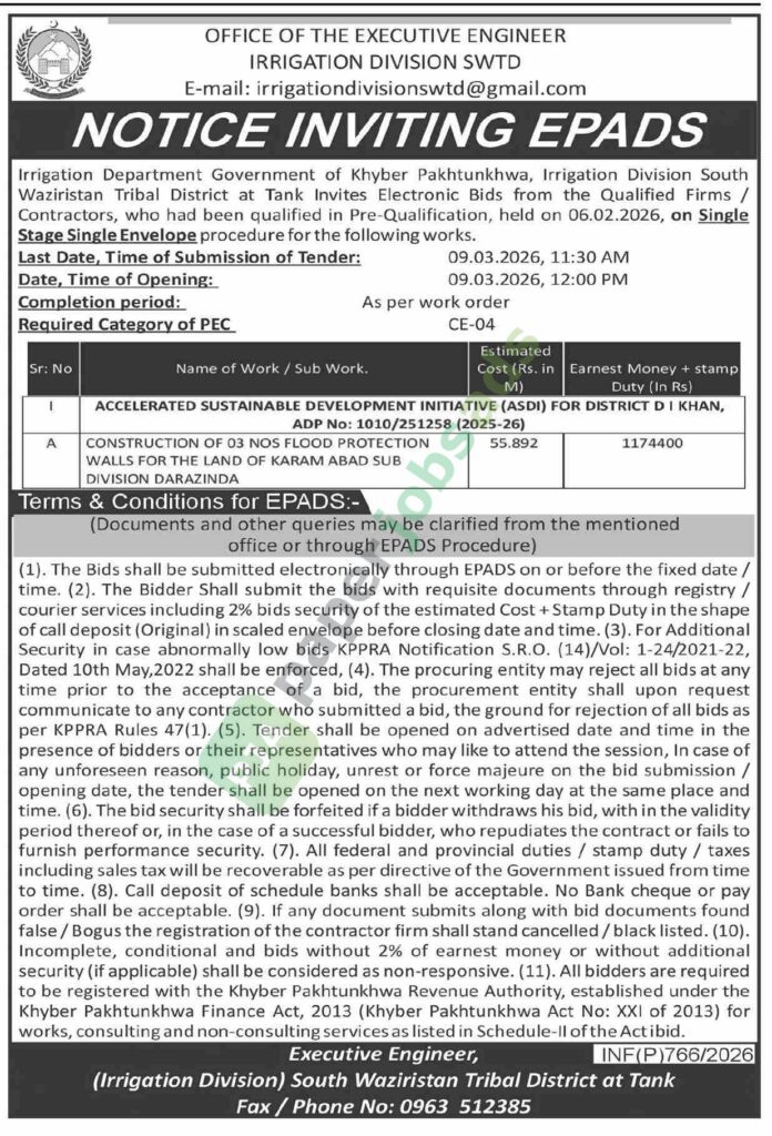 Tender Notice - Works - Irrigation Department Government of Khyber Pakhtunkhwa - Irrigation Department Government of Khyber Pakhtunkhwa