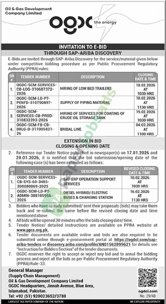Tender Notice - Hiring of Low Bed Trailers - Islamabad - OGDC