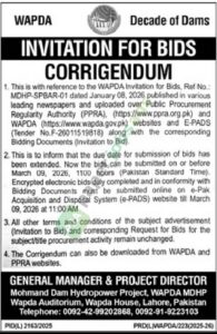 Tender Notice - Corrigendum - WAPDA