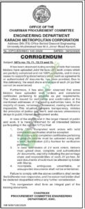 Tender Notice - Corrigendum - ENGINEERING DEPARTMENT - Karachi - KMC